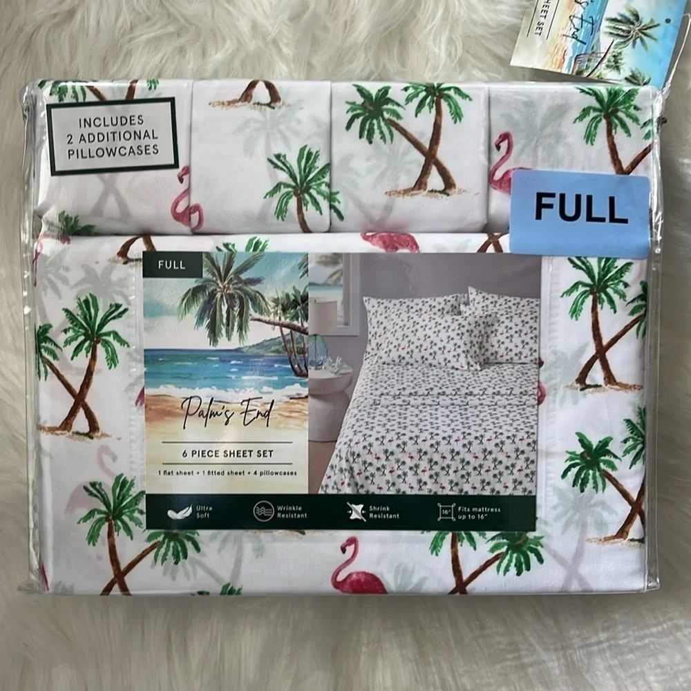🆕Palm’s End Sheet Set 6 Piece FULL Size Sheets Flamingos and Palm Trees Tropical